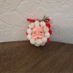 Vintage Plastic Face Santa Claus Pom Pom Christmas Ornament Handmade